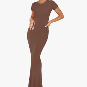 REORIA Women's Basic Summer Casual Lounge Long Dress Elegant Short Sleeve Crew N